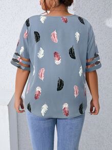 SHEIN LUNE Plus Feather Print Contrast Mesh Insert Curved Hem Blouse - Dusty Blue - View 2