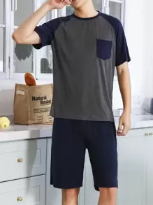 男士拼接插肩袖睡衣套裝 - 彩色 - 查看 1