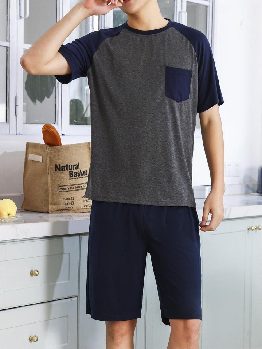 男士拼接插肩袖睡衣套裝 - 彩色 - 查看 1