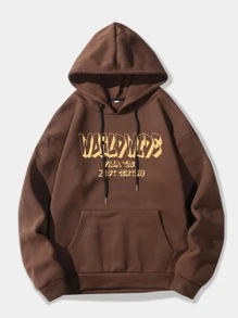 ROMWE MEN Street Life Guys Soccer & Letter Graphic Drawstring Thermal Lined Hoodie - Coffee Brown - View 2