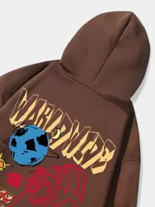 ROMWE MEN Street Life Guys Soccer & Letter Graphic Drawstring Thermal Lined Hoodie - Coffee Brown - View 6