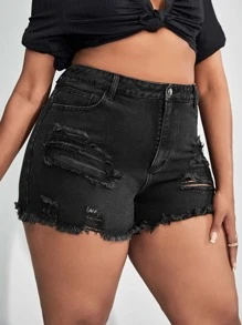 SHEIN SXY 大碼火圖案毛邊緣牛仔短褲 - 黑色 - 查看 5