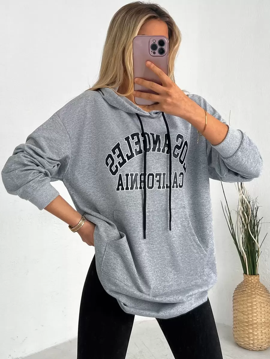 Cottnline Letter Graphic Kangaroo Pocket Drop Shoulder Drawstring Hoodie - Light Grey - View 1