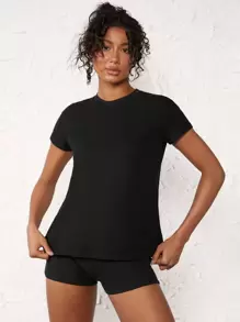SHEIN BASICS Women's Solid Color Round Neck Short Sleeve Casual T-Shirt - Black - View 3