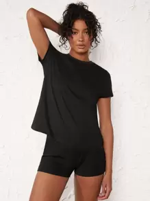SHEIN BASICS Women's Solid Color Round Neck Short Sleeve Casual T-Shirt - Black - View 4