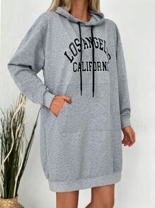 Cottnline Letter Graphic Kangaroo Pocket Drop Shoulder Drawstring Hoodie - Light Grey - View 4