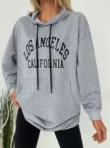 Cottnline Letter Graphic Kangaroo Pocket Drop Shoulder Drawstring Hoodie - Light Grey - View 5