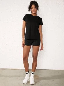 SHEIN BASICS Women's Solid Color Round Neck Short Sleeve Casual T-Shirt - Black - View 5