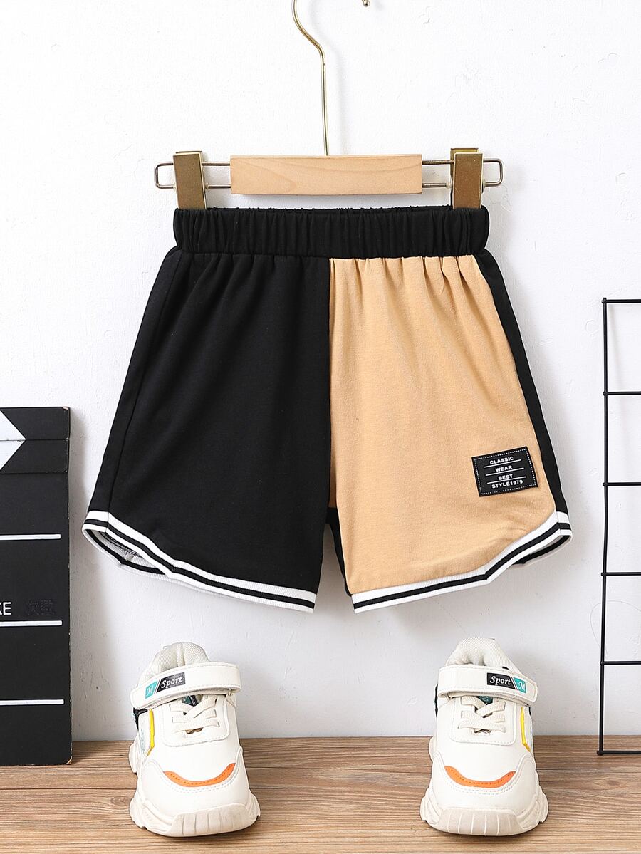 SHEIN Toddler Boys Two Tone Letter Patched Detail Striped Trim Shorts - Multicolor - View 1