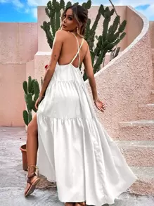 Breezaya Đầm Lộ Lưng phân lớp Tách cao màu trơn Gợi cảm - trắng - Xem 2