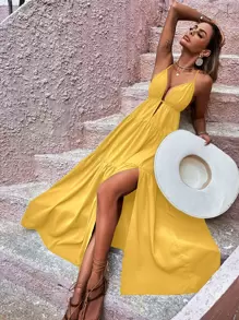 SHEIN VCAY Cut Out Split Thigh Ruffle Hem Cami Dress - Yellow - View 3