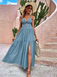 Breezaya Vestido de tirantes con tira cruzada de espalda abierta de muslo con abertura bajo con fruncido - Neblina azul - Ver 7