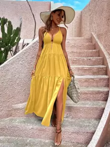SHEIN VCAY Cut Out Split Thigh Ruffle Hem Cami Dress - Yellow - View 6