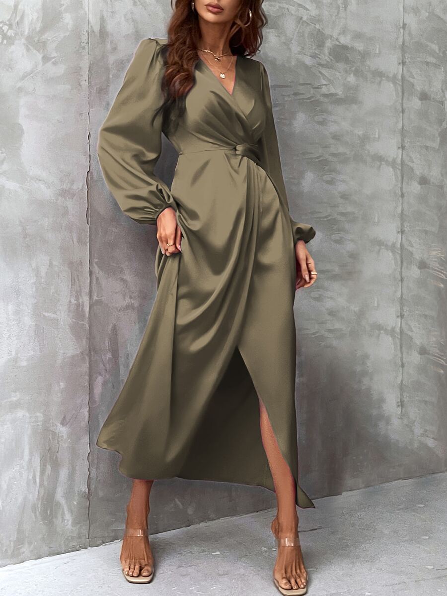 Chiquease Lantern Sleeve Wrap Hem Satin Dress Maxi Women Outfit - Khaki - View 1