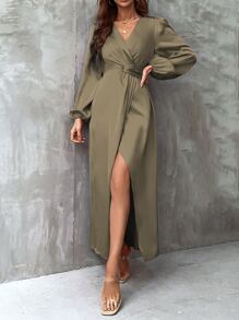Chiquease Lantern Sleeve Wrap Hem Satin Dress Maxi Women Outfit - Khaki - View 5