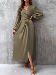 Chiquease Lantern Sleeve Wrap Hem Satin Dress Maxi Women Outfit - Khaki - View 6