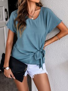 SHEIN LUNE 蝙蝠袖側打結襯衫 - 霧霾藍 - 查看 4