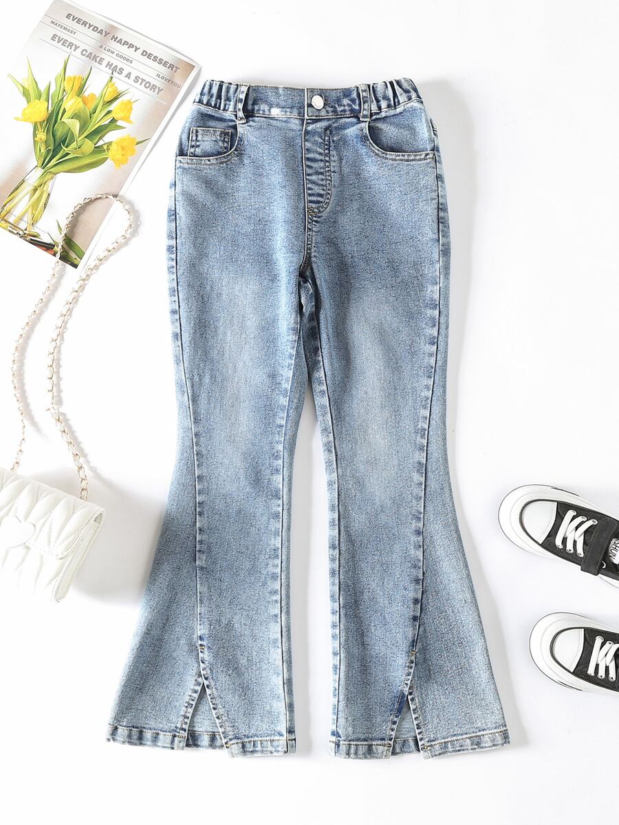 Girls Split Hem Flare Leg Jeans - Light Wash - View 1