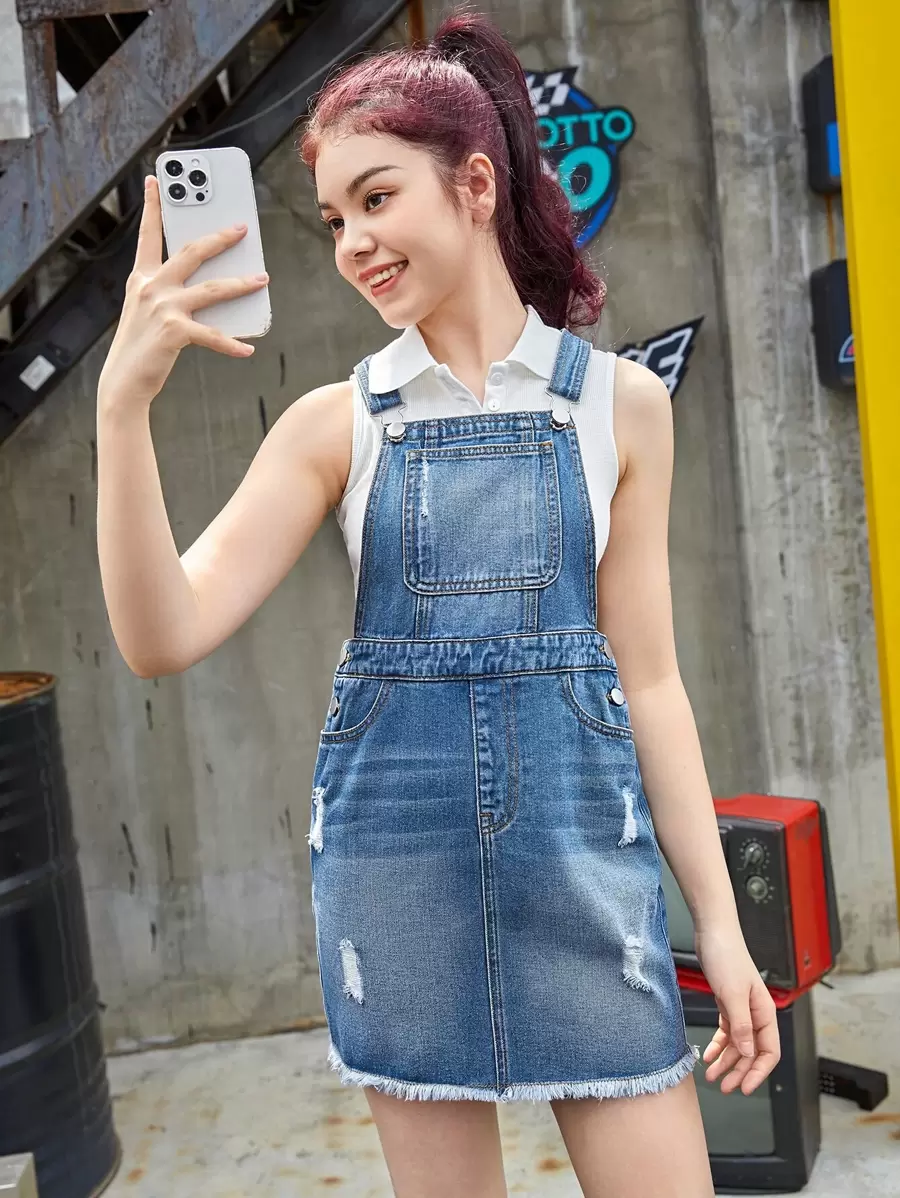 SHEIN Teen Girls Ripped Raw Hem Pinafore Denim Dress - Medium Wash - View 1