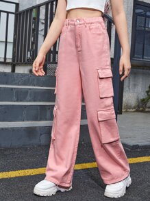 SHEIN 青少年女孩翻蓋口袋工裝褲