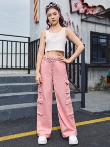 SHEIN 青少年女孩翻蓋口袋工裝褲