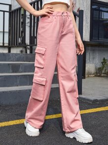 SHEIN 青少年女孩翻蓋口袋工裝褲