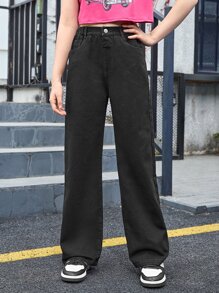 SHEIN 青少年女孩斜口袋闊腿牛仔褲 - 黑色 - 查看 4