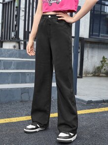 SHEIN 青少年女孩斜口袋闊腿牛仔褲 - 黑色 - 查看 5