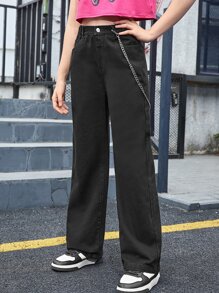 SHEIN 青少年女孩斜口袋闊腿牛仔褲 - 黑色 - 查看 1