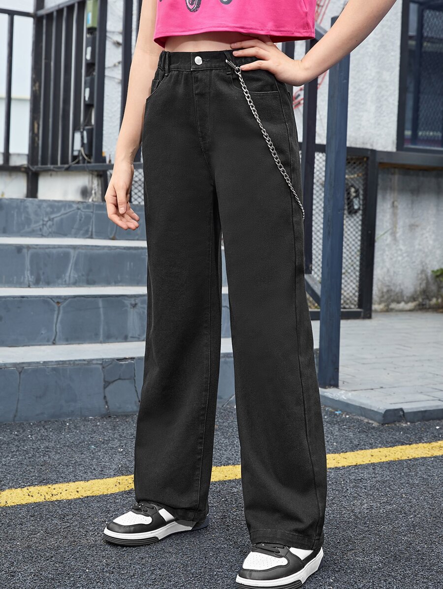 SHEIN 青少年女孩斜口袋闊腿牛仔褲 - 黑色 - 查看 1