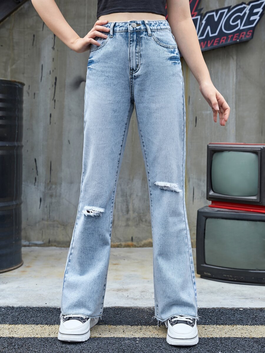 SHEIN Chicas adolescentes Jeans de pierna amplia crudo desgarro - Lavado ligero - Ver 1