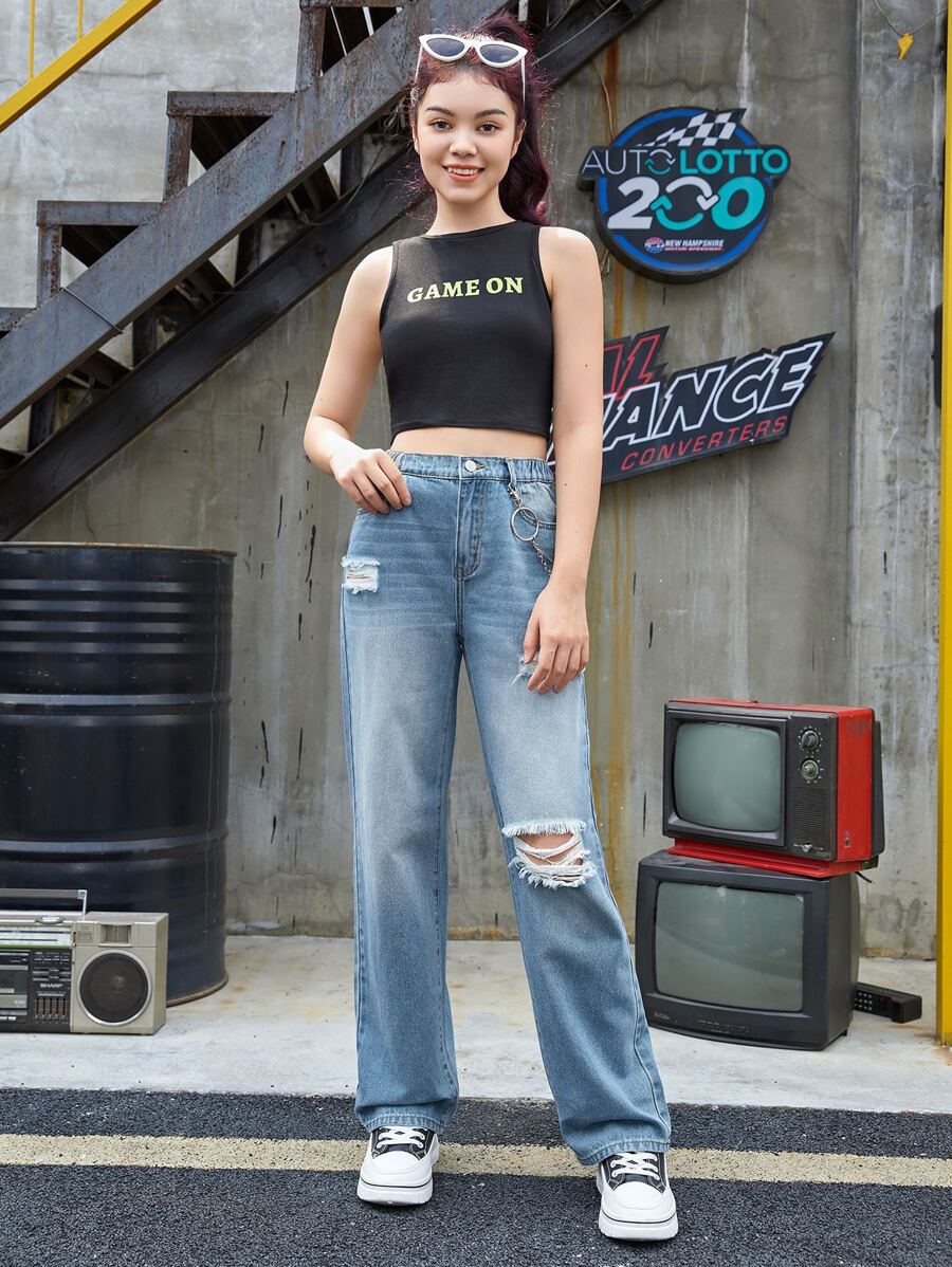 SHEIN Chicas adolescentes Jeans de pierna recta desgarro - Lavado ligero - Ver 1