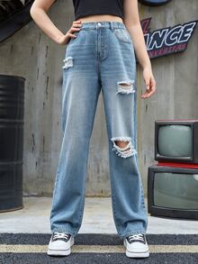SHEIN Chicas adolescentes Jeans de pierna recta desgarro - Lavado ligero - Ver 3