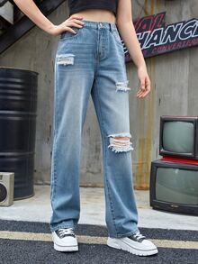 SHEIN Chicas adolescentes Jeans de pierna recta desgarro - Lavado ligero - Ver 4