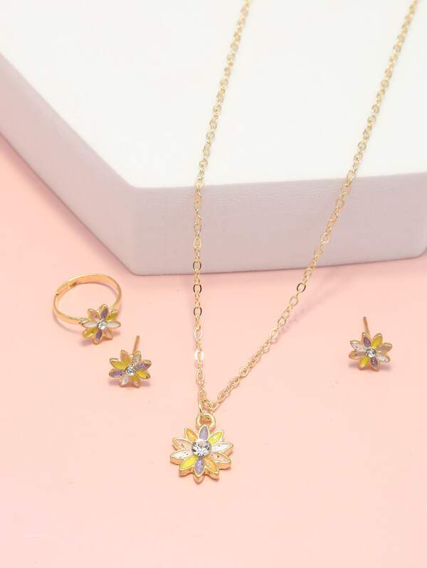 4pcs/set Fashion Rhinestone & Flower Decor Jewelry Set For Girls For Birthday Gift