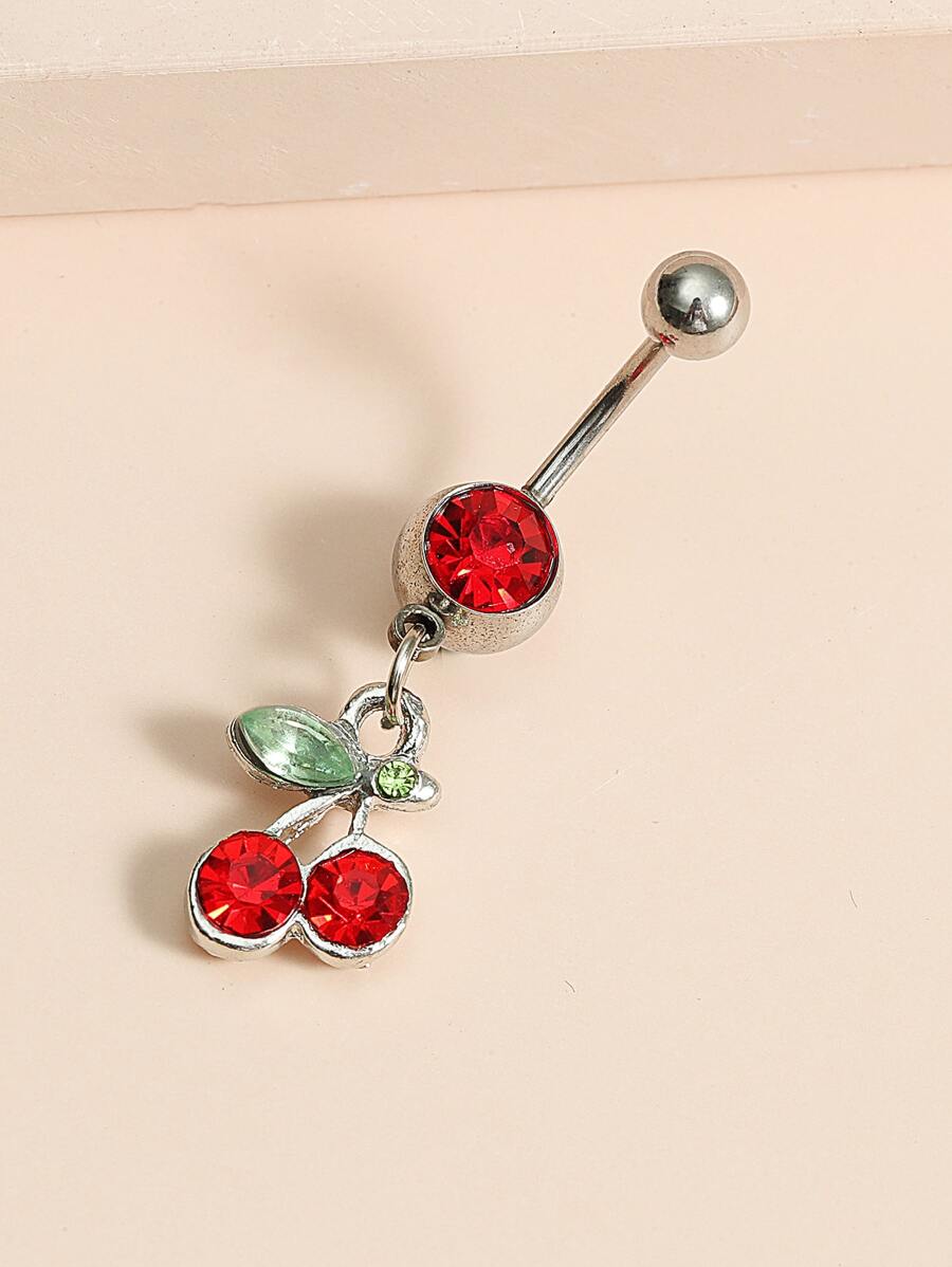 1pc Funky Stainless Steel Rhinestone Cherry Decor Navel Belly Ring For Women For Daily Decoration - Red - View 1