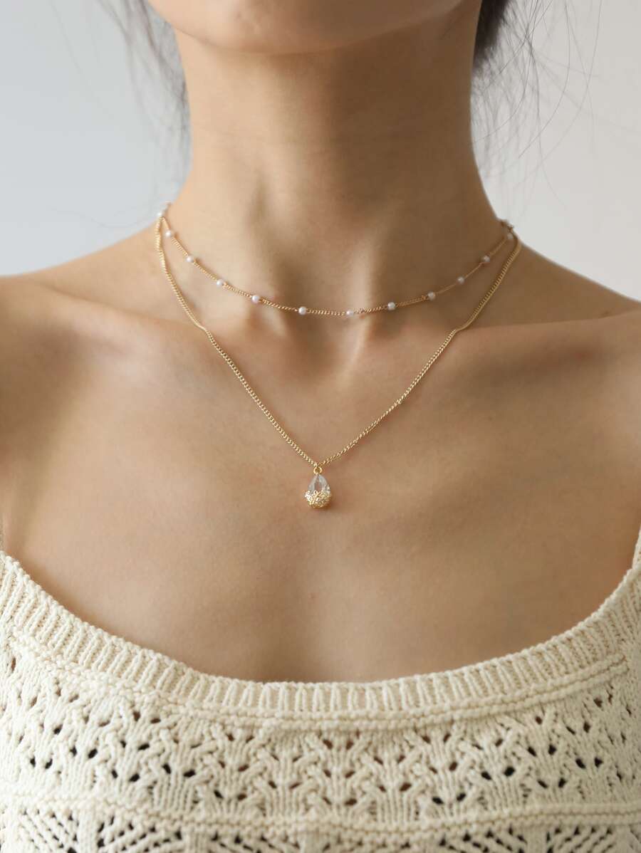 Nooxian 1只流行時尚不鏽鋼假珍珠裝飾立方氧化鋯水滴吊墜分層項鍊,適合女性日常裝飾