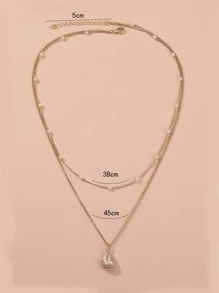 Nooxian 1只流行時尚不鏽鋼假珍珠裝飾立方氧化鋯水滴吊墜分層項鍊,適合女性日常裝飾 - 金黃色 - 查看 5