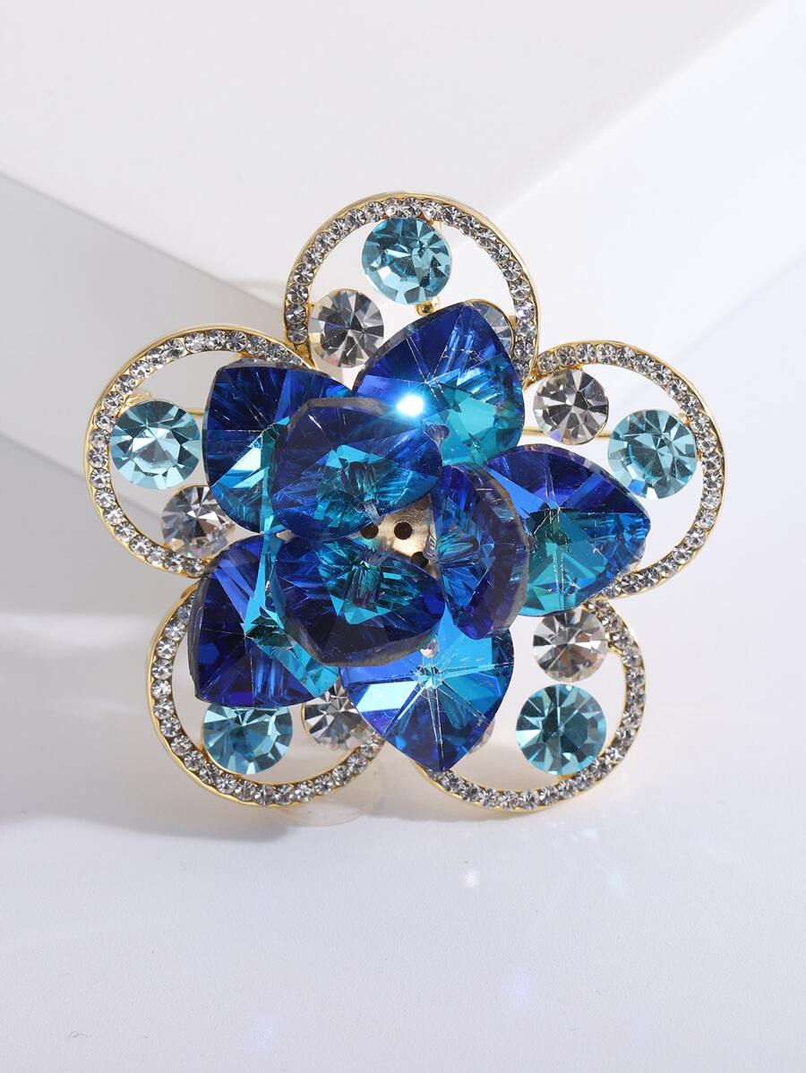 1入组迷人鋅合金水鑽花朵設計女士日常裝飾胸針 - 藍色 - 查看 1