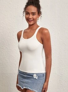 SHEIN BASICS 夏季實心肋織細肩帶上衣 - 白色 - 查看 3