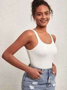SHEIN BASICS 夏季實心肋織細肩帶上衣 - 白色 - 查看 5