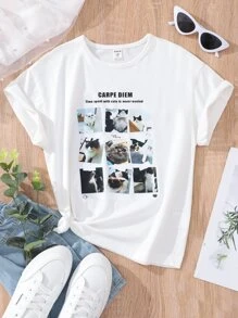 SHEIN Girls Slogan & Cat Print Tee - White - View 1