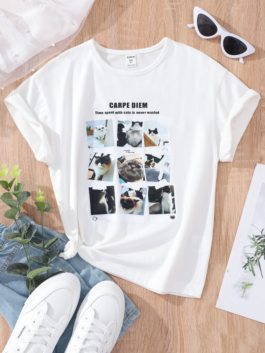 SHEIN Girls Slogan & Cat Print Tee - White - View 1