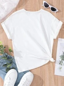 SHEIN Girls Slogan & Cat Print Tee - White - View 2