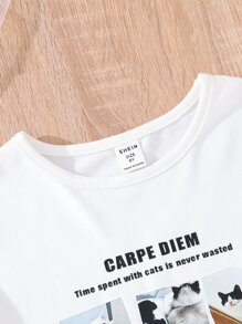 SHEIN Girls Slogan & Cat Print Tee - White - View 4