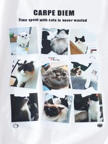 SHEIN Girls Slogan & Cat Print Tee - White - View 5