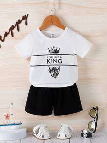 Baby Crown & Letter Graphic Tee & Shorts - Black and White - View 1