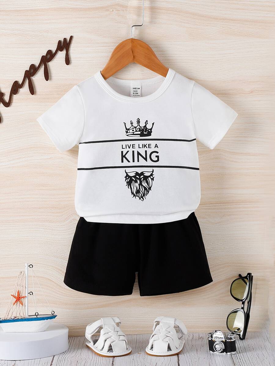 Baby Crown & Letter Graphic Tee & Shorts - Black and White - View 1