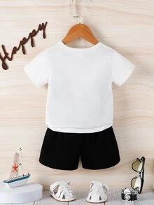 Baby Crown & Letter Graphic Tee & Shorts - Black and White - View 2