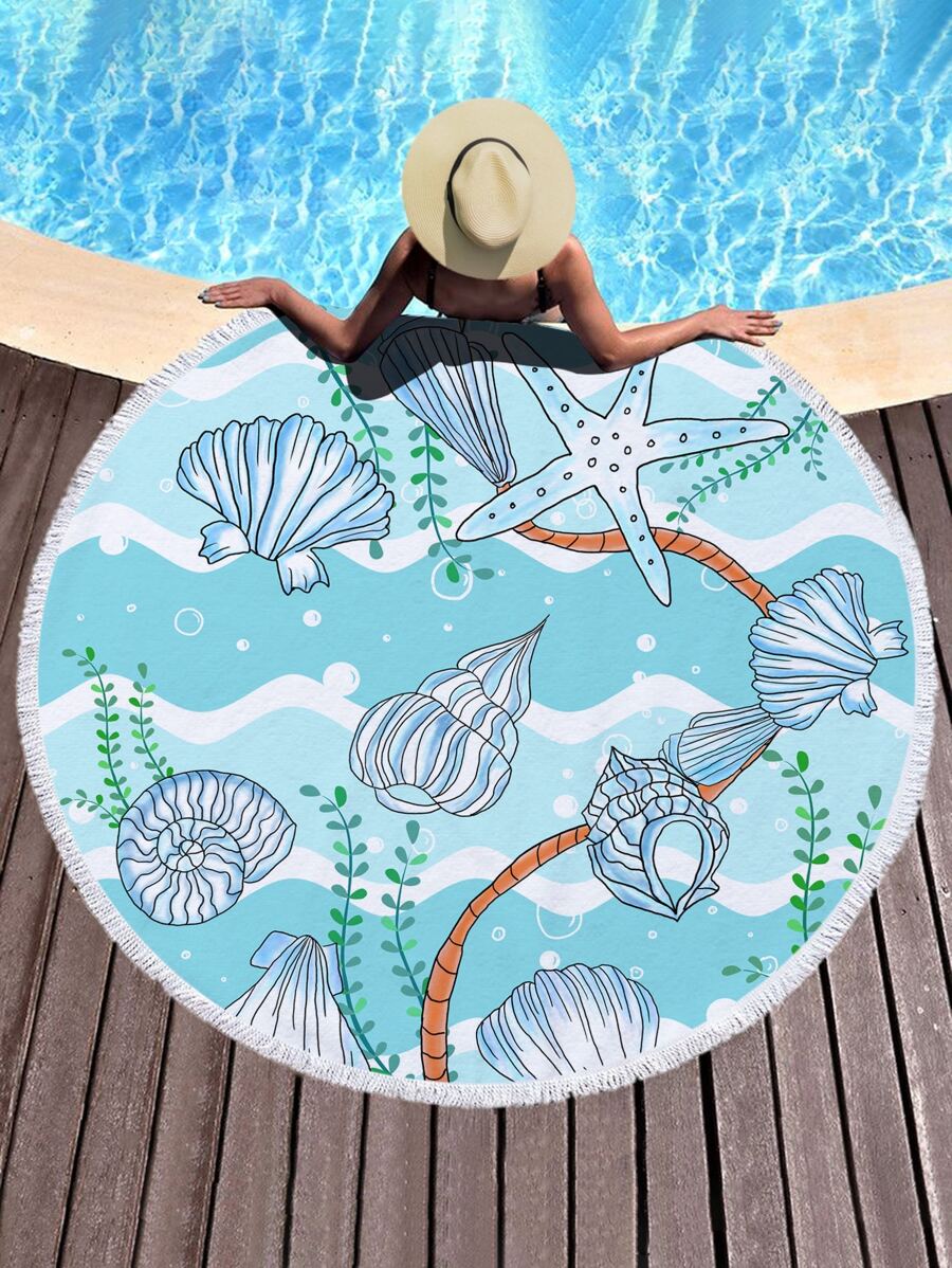 1pc Starfish & Shell Pattern Beach Towel, Microfiber Round Fringe Trim Travel Beach Towel For Swimming, Diving, Summer - Baby Blue - View 1
